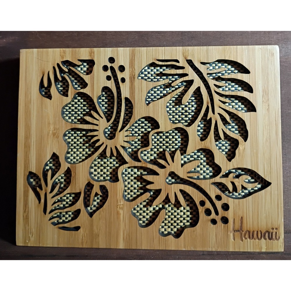 Tropical Bamboo Hawaii Photo Album Wood Case Hibiscus Laser Cut Floral Souvenir